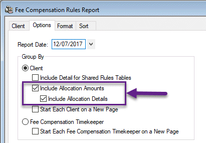 Options tab for Fee Compensation Rules Report